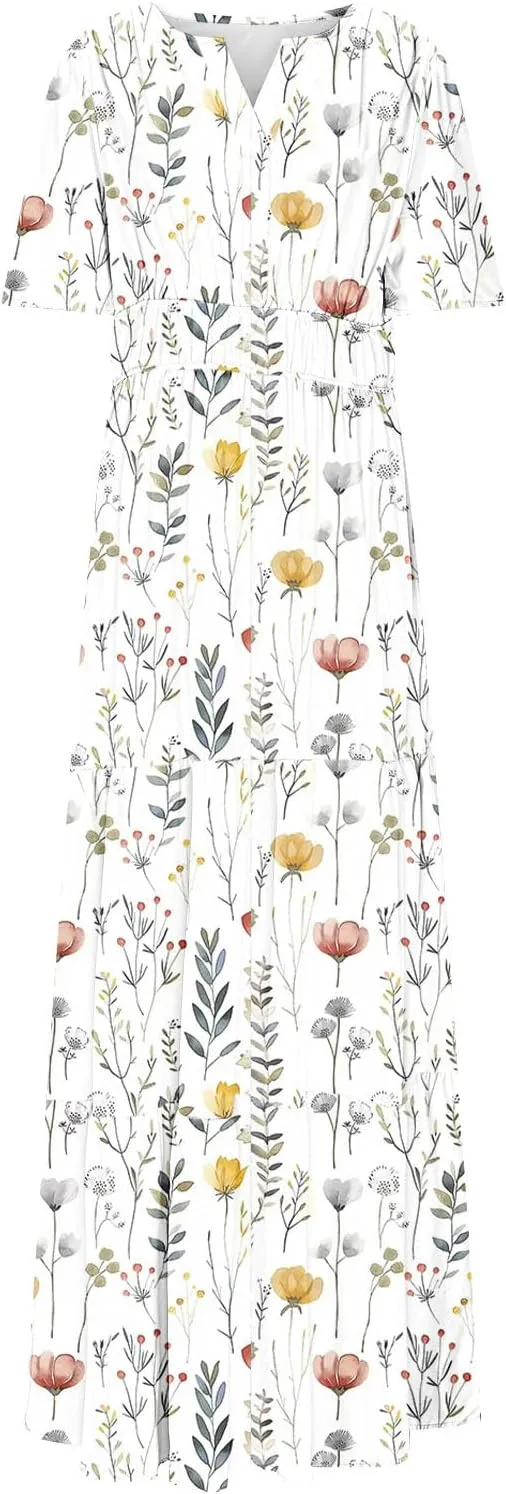 Women's 2025 Summer Maxi Dress Casual Floral Boho Short Sleeve V Neck Flowy Ruffle Long Beach Vacation Dresses