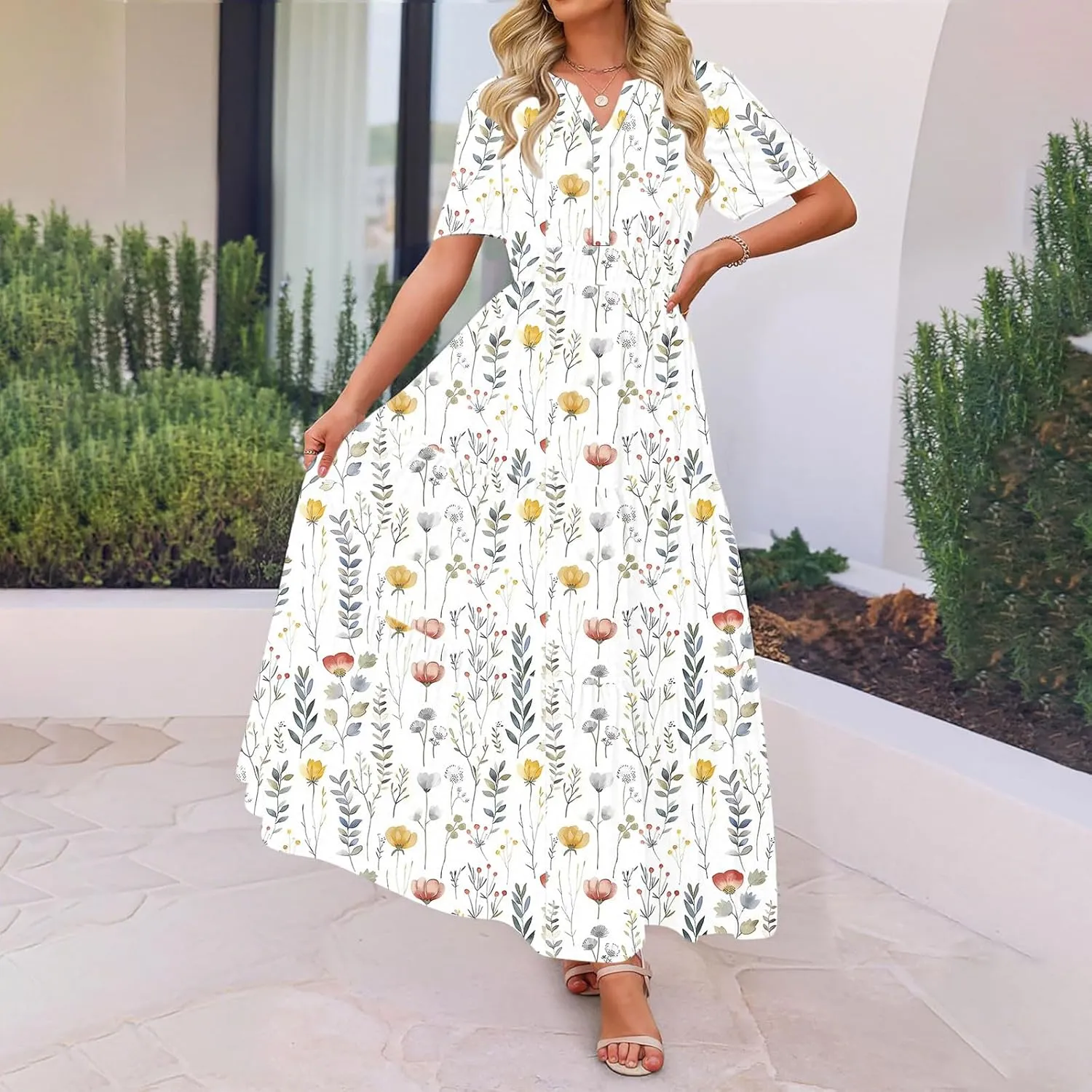 Women's 2025 Summer Maxi Dress Casual Floral Boho Short Sleeve V Neck Flowy Ruffle Long Beach Vacation Dresses