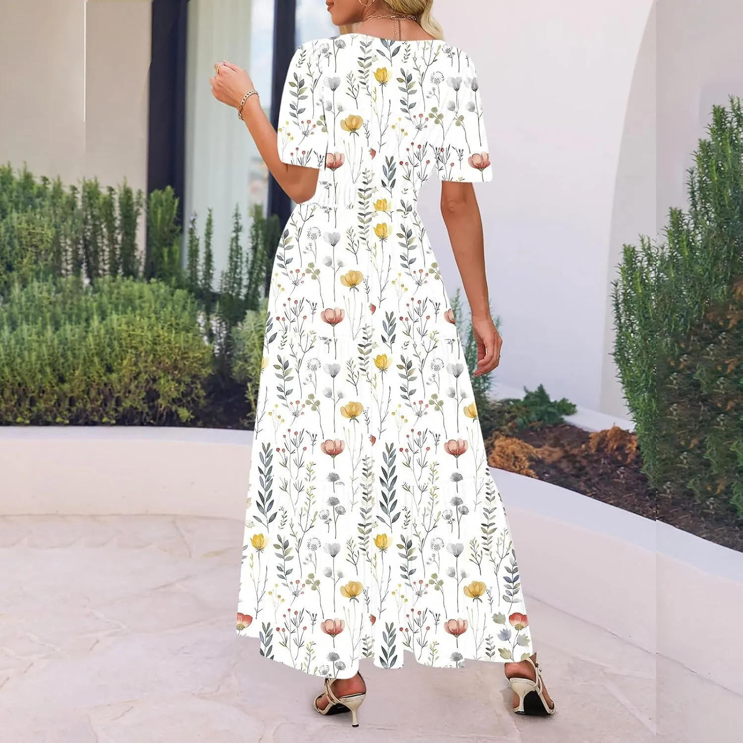 Women's 2025 Summer Maxi Dress Casual Floral Boho Short Sleeve V Neck Flowy Ruffle Long Beach Vacation Dresses