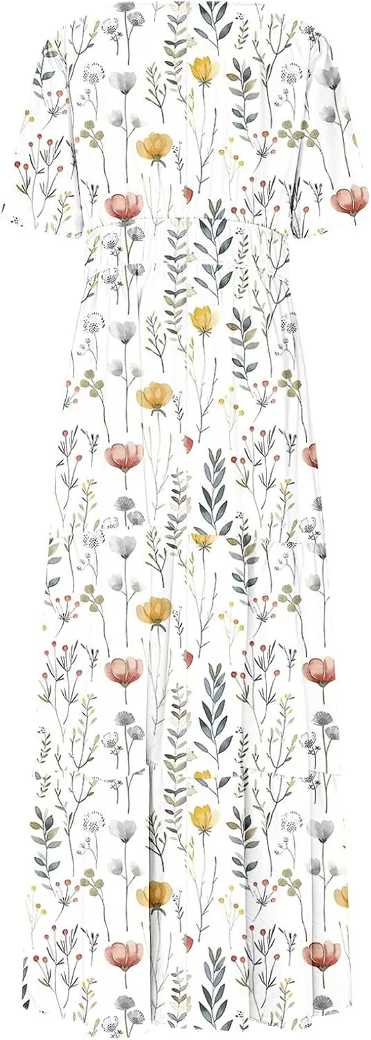 Women's 2025 Summer Maxi Dress Casual Floral Boho Short Sleeve V Neck Flowy Ruffle Long Beach Vacation Dresses