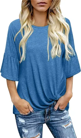 Women's Casual Bell Sleeve Crewneck Twist Knot Blouse Tops