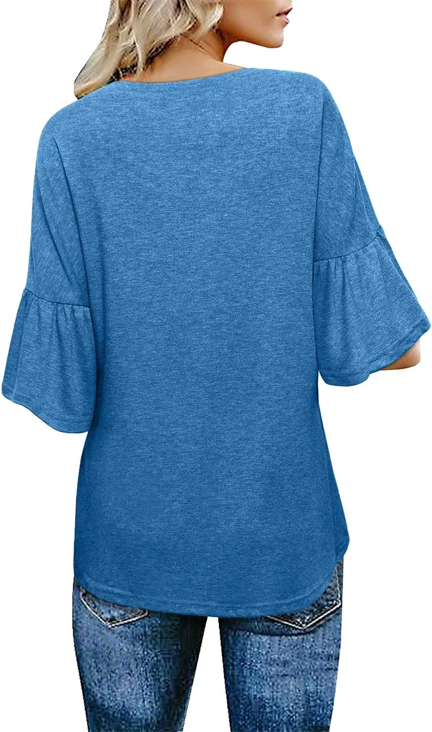 Women's Casual Bell Sleeve Crewneck Twist Knot Blouse Tops