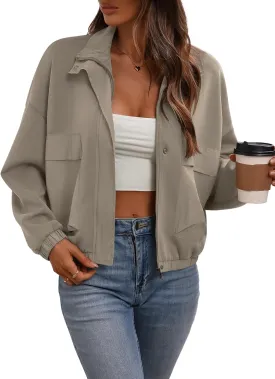 Women's Cropped Oversized Safari Jackets Zip Up Stand Collar Neck Long Sleeve Utility Anorak jacket with Pocket