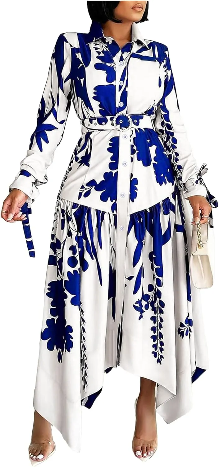 Women's Floral Print Dresses Long Sleeve Button Down Irregular Hem Maxi Dress with Belt