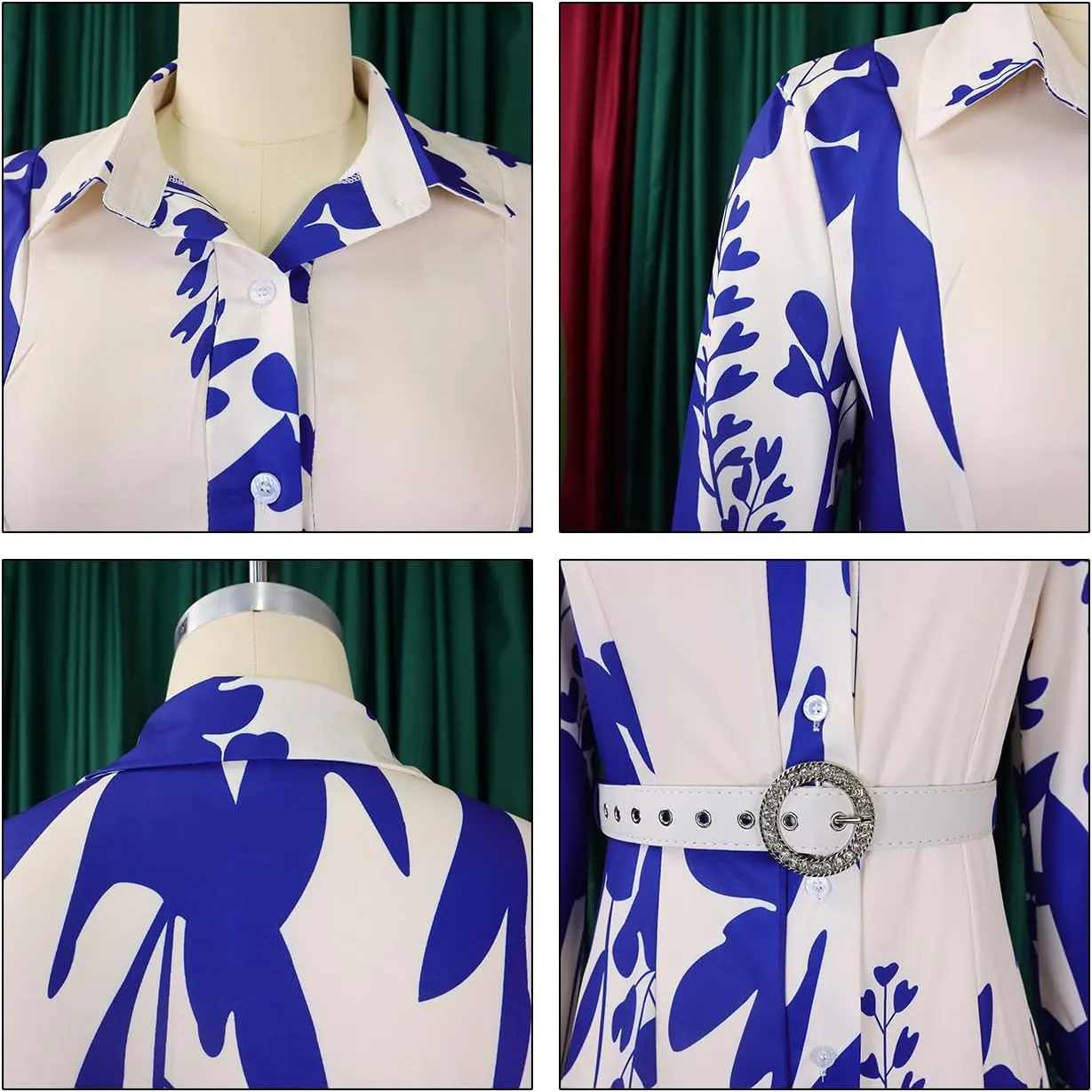 Women's Floral Print Dresses Long Sleeve Button Down Irregular Hem Maxi Dress with Belt