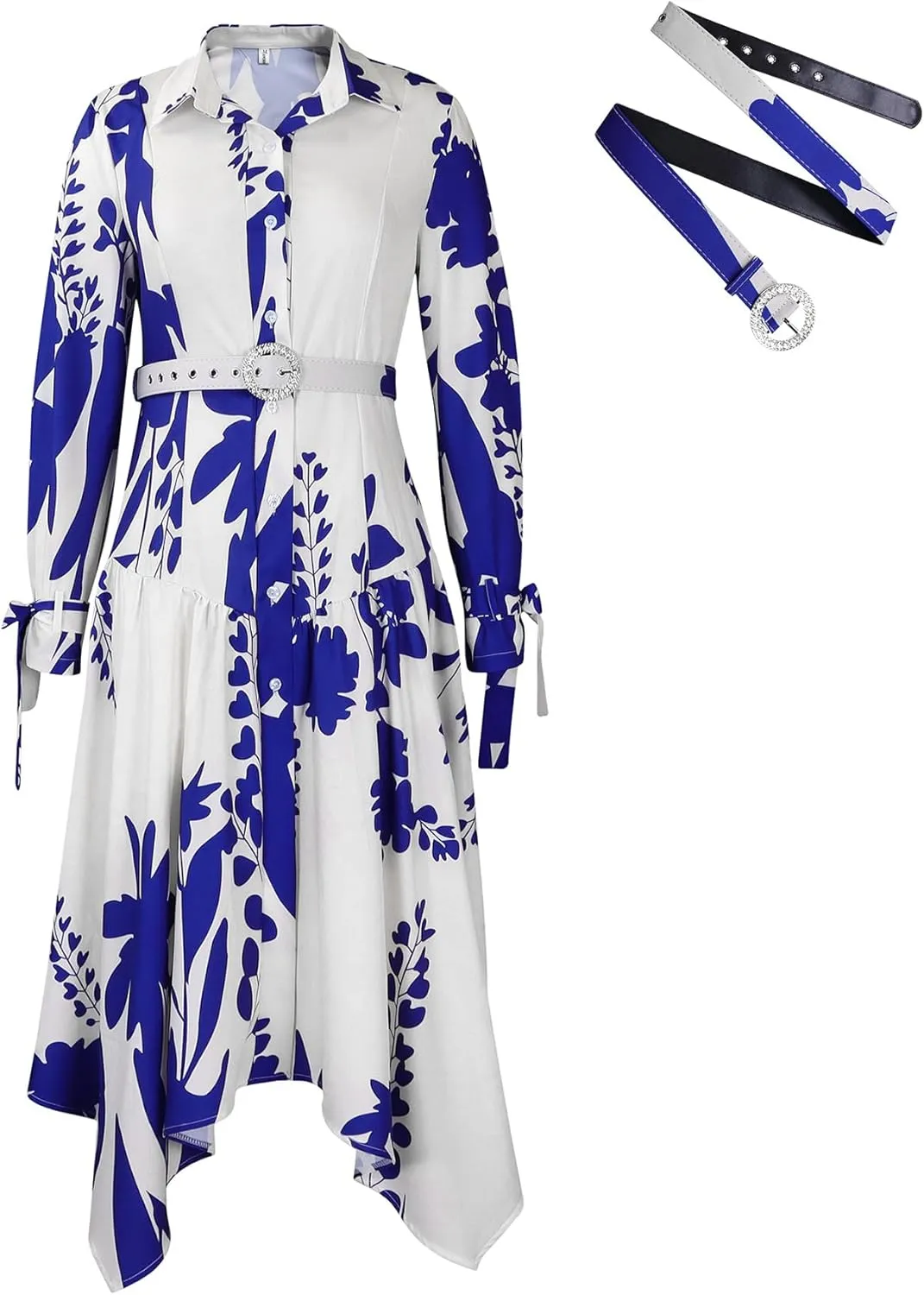 Women's Floral Print Dresses Long Sleeve Button Down Irregular Hem Maxi Dress with Belt