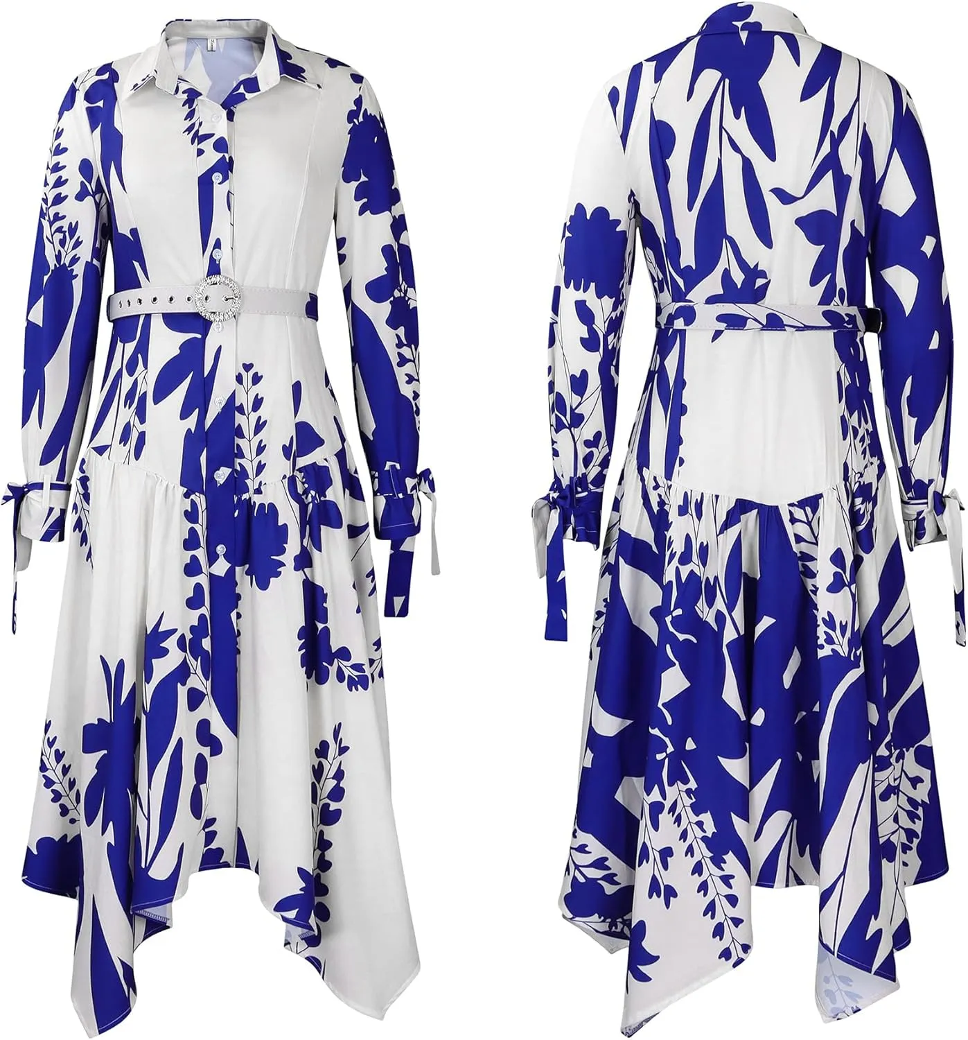 Women's Floral Print Dresses Long Sleeve Button Down Irregular Hem Maxi Dress with Belt