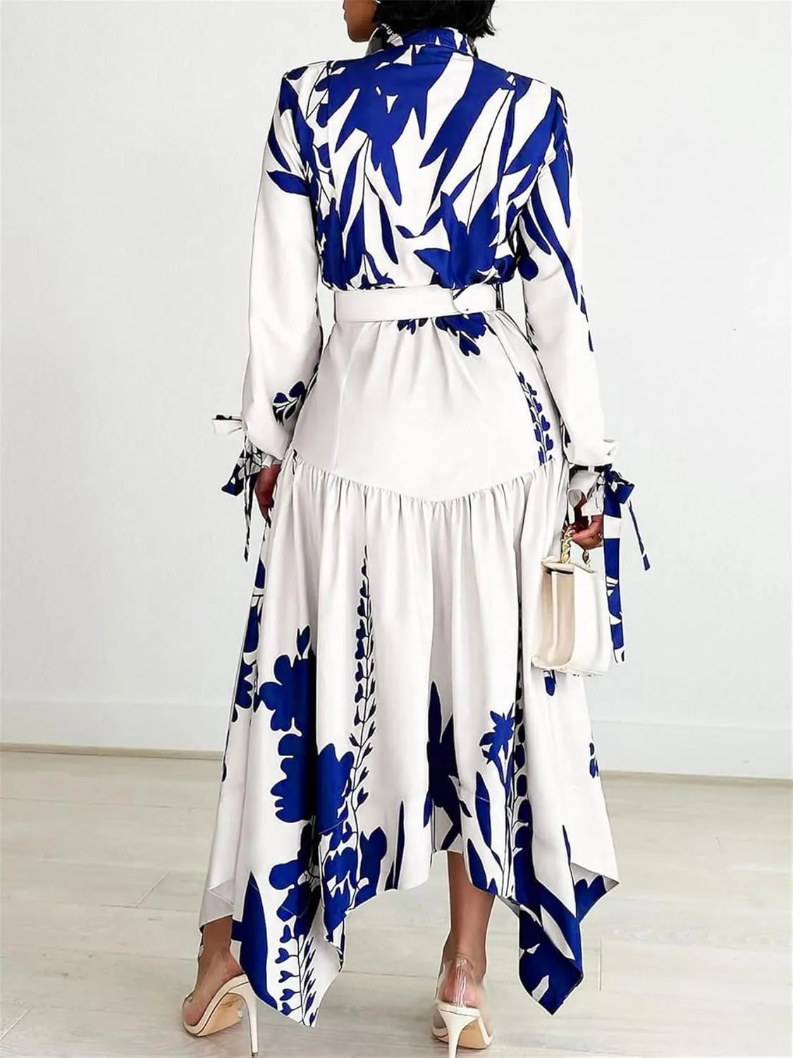 Women's Floral Print Dresses Long Sleeve Button Down Irregular Hem Maxi Dress with Belt
