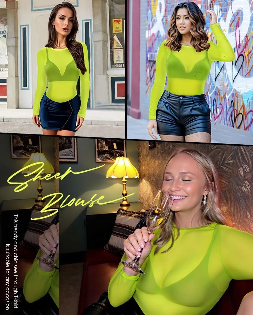 Women's Mesh Tops Sheer Long Sleeve Tee Shirts Bodycon See Through Blouse Clubwear