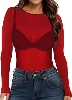 Women's Mesh Tops Sheer Long Sleeve Tee Shirts Bodycon See Through Blouse Clubwear