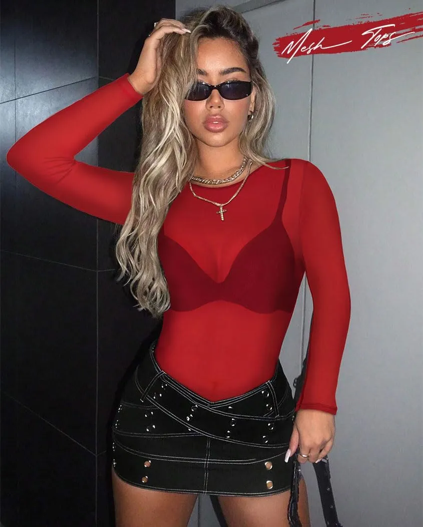Women's Mesh Tops Sheer Long Sleeve Tee Shirts Bodycon See Through Blouse Clubwear