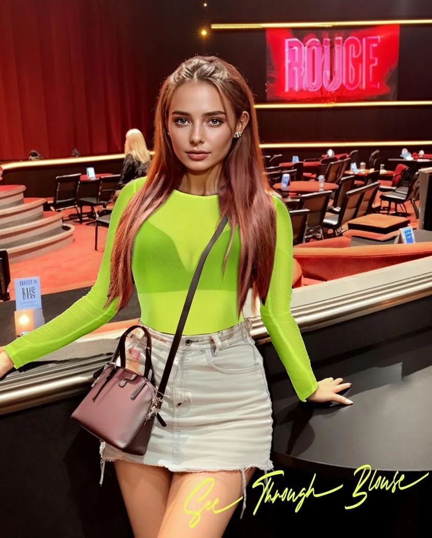 Women's Mesh Tops Sheer Long Sleeve Tee Shirts Bodycon See Through Blouse Clubwear