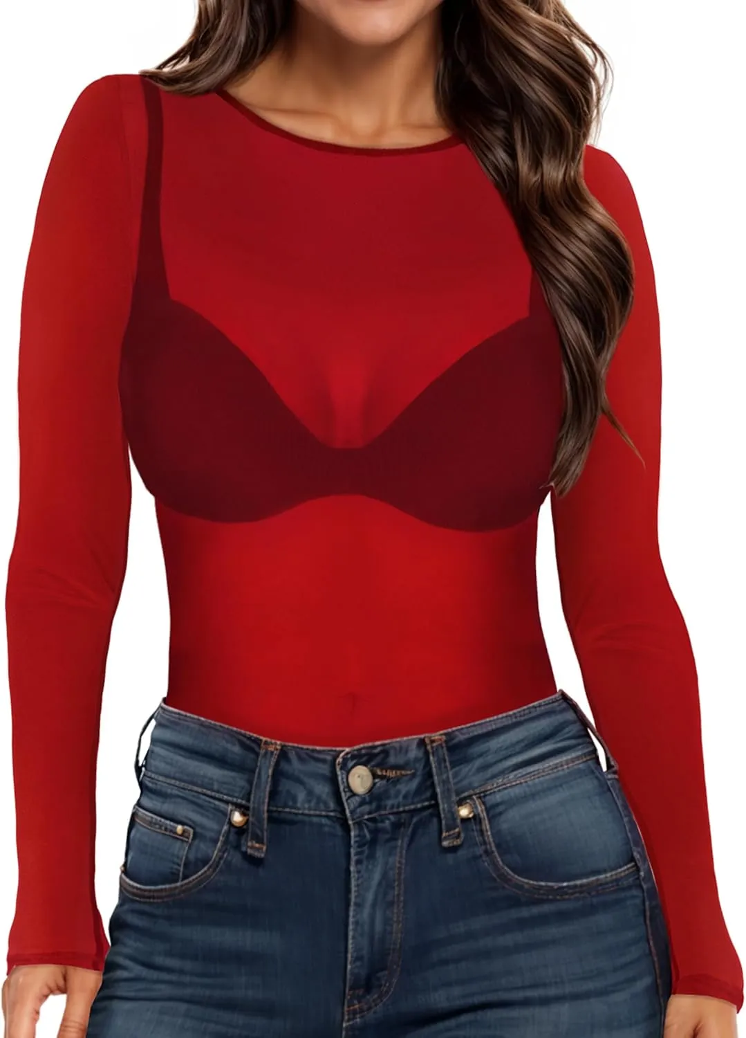 Women's Mesh Tops Sheer Long Sleeve Tee Shirts Bodycon See Through Blouse Clubwear