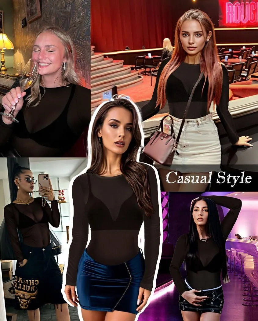 Women's Mesh Tops Sheer Long Sleeve Tee Shirts Bodycon See Through Blouse Clubwear