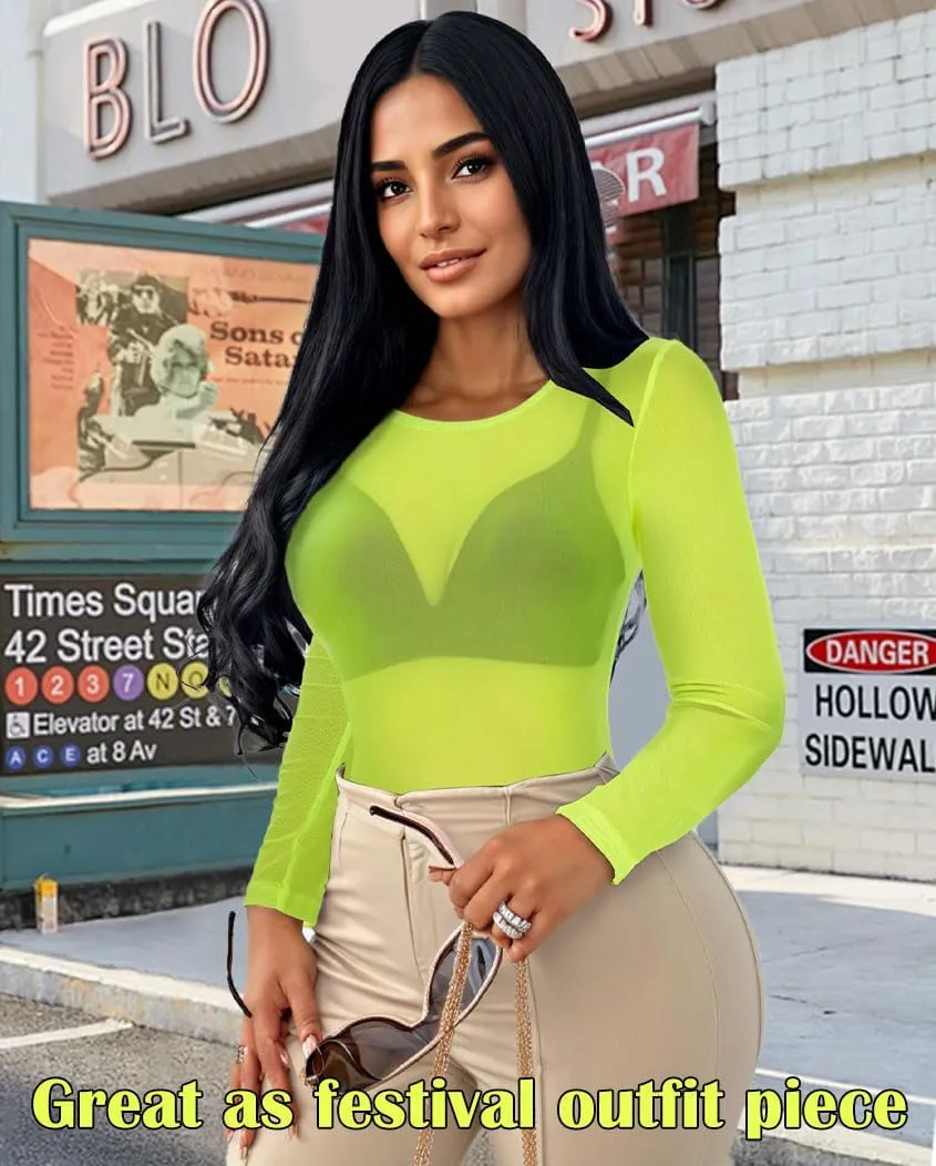 Women's Mesh Tops Sheer Long Sleeve Tee Shirts Bodycon See Through Blouse Clubwear