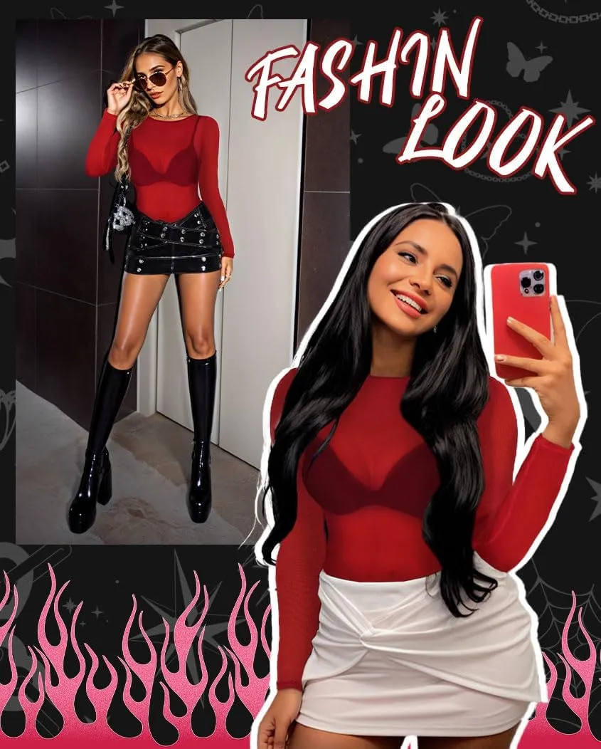 Women's Mesh Tops Sheer Long Sleeve Tee Shirts Bodycon See Through Blouse Clubwear