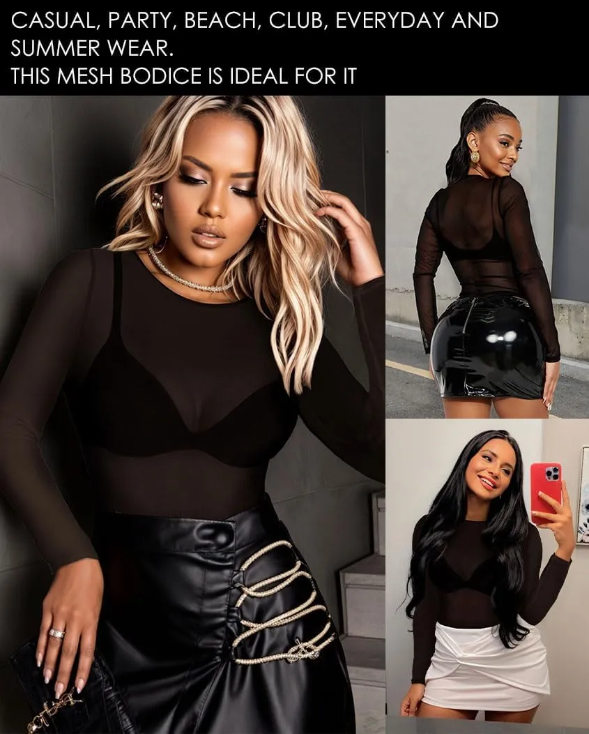 Women's Mesh Tops Sheer Long Sleeve Tee Shirts Bodycon See Through Blouse Clubwear