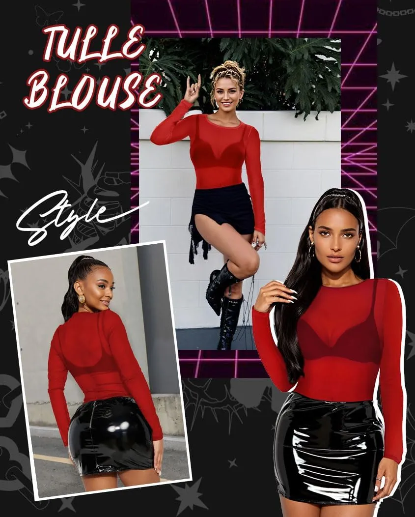 Women's Mesh Tops Sheer Long Sleeve Tee Shirts Bodycon See Through Blouse Clubwear