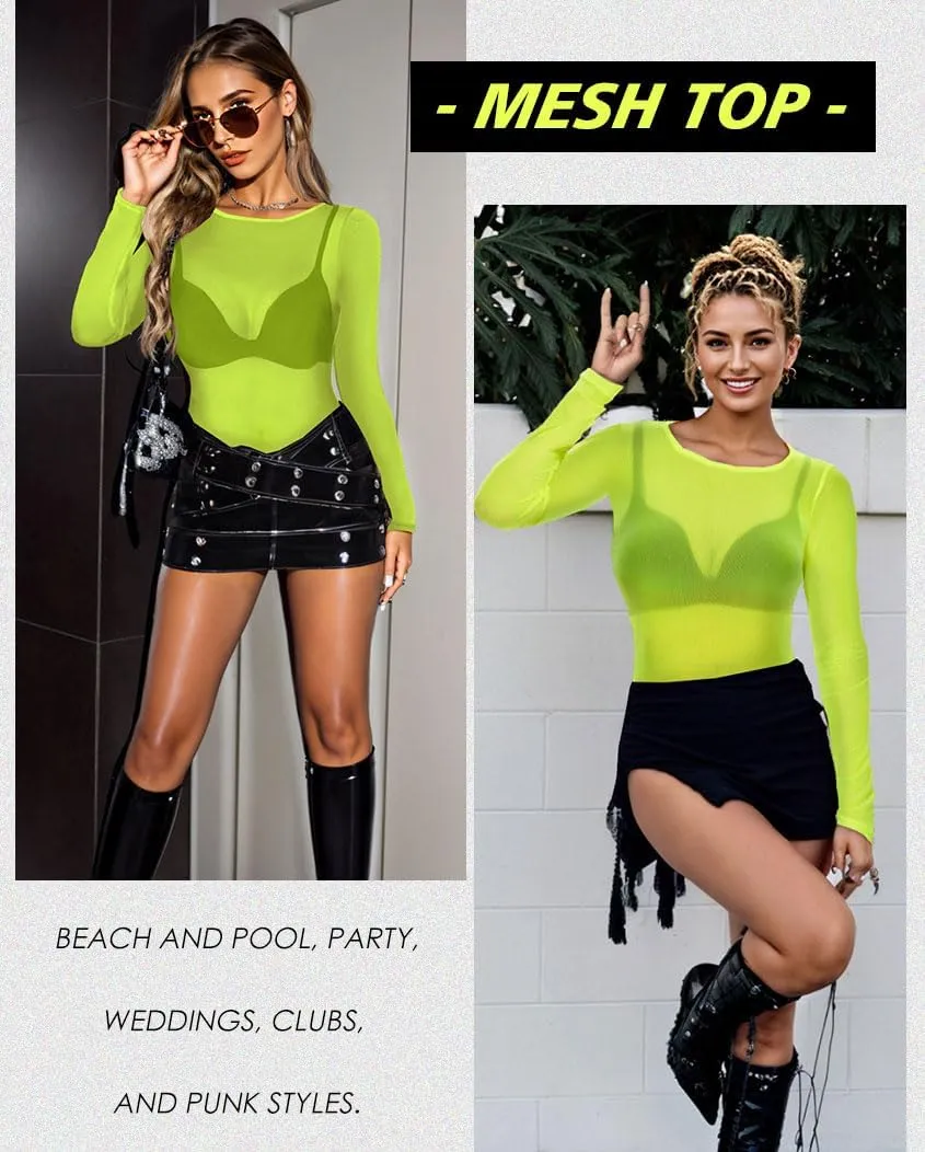 Women's Mesh Tops Sheer Long Sleeve Tee Shirts Bodycon See Through Blouse Clubwear