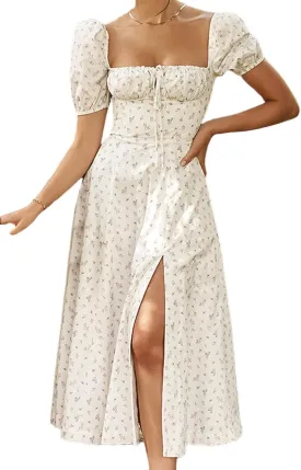 Women's Puff Sleeve Floral Maxi Dress Elegant Square Neck Cottagecore Boho Split Long Dresses Vintage A-line Dress