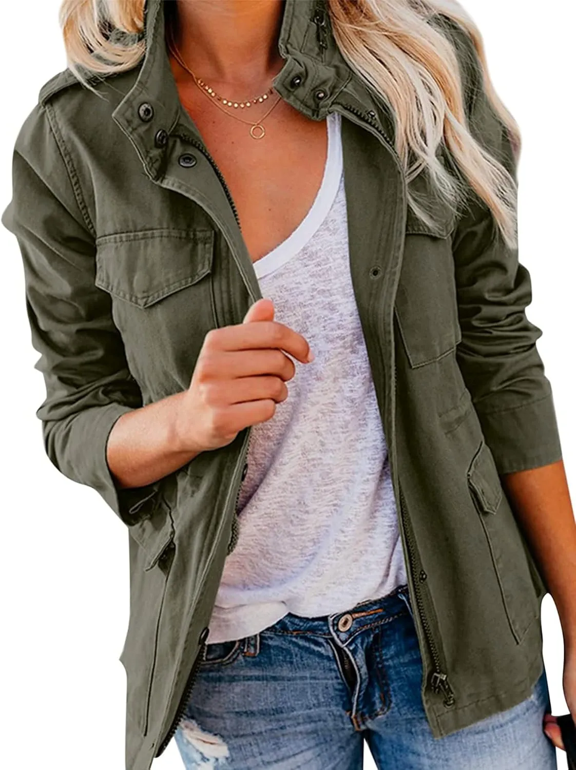 Ytfsrukp Womens Military Jacket Zip Up Lightweight Utility Anorak Jackets with Pockets Slim Trench Military Outwear Coat