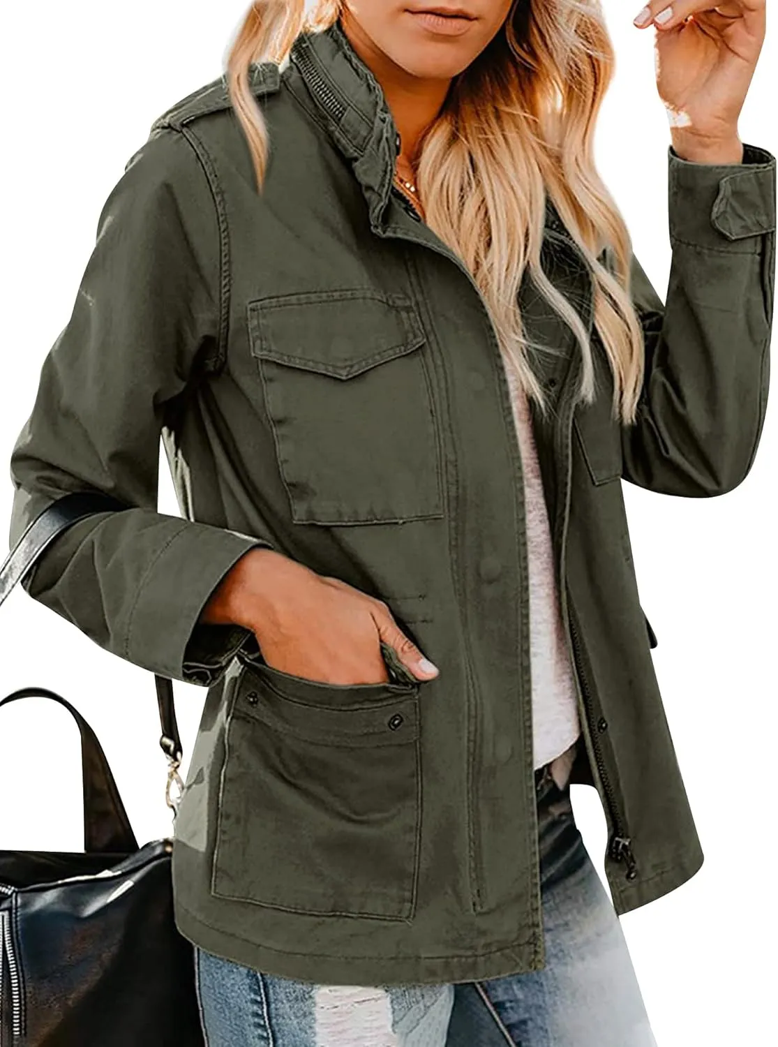 Ytfsrukp Womens Military Jacket Zip Up Lightweight Utility Anorak Jackets with Pockets Slim Trench Military Outwear Coat