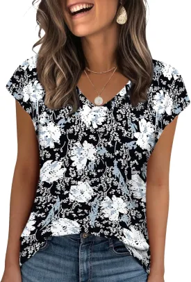 Zeagoo 2025 Women's Tank Top V Neck Eyelet T Shirts Cap Sleeve Tops Loose Fit Blouses Dressy Casual Summer Basic Shirts
