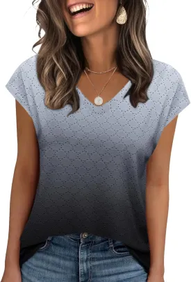 Zeagoo 2025 Women's Tank Top V Neck Eyelet T Shirts Cap Sleeve Tops Loose Fit Blouses Dressy Casual Summer Basic Shirts
