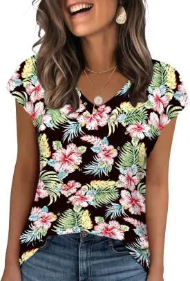 Zeagoo 2025 Women's Tank Top V Neck Eyelet T Shirts Cap Sleeve Tops Loose Fit Blouses Dressy Casual Summer Basic Shirts