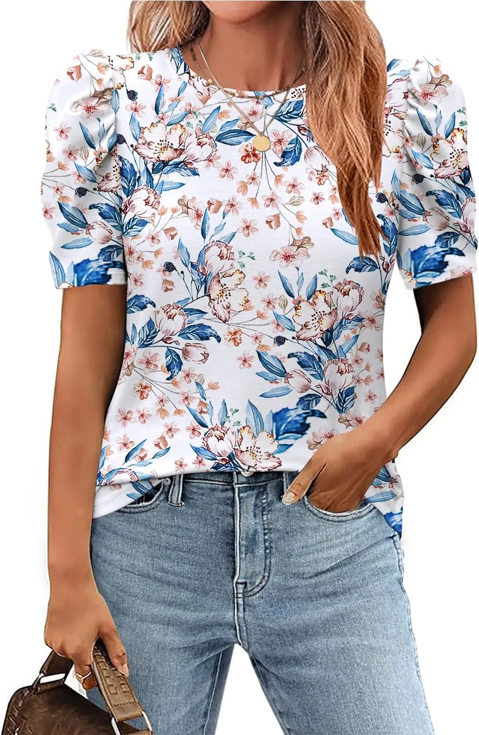 Zeagoo Blouse for Women Dressy Casual Puff Short Sleeve Boho Tops Fashion Floral Crew Neck Tunic Shirts Summer Clothes